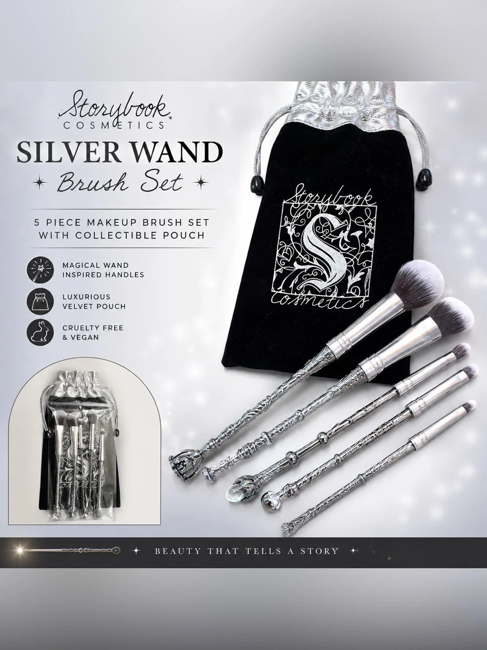 Storybook Cosmetics Silver Wand 5-Piece Makeup Brush Set with Pouch – New